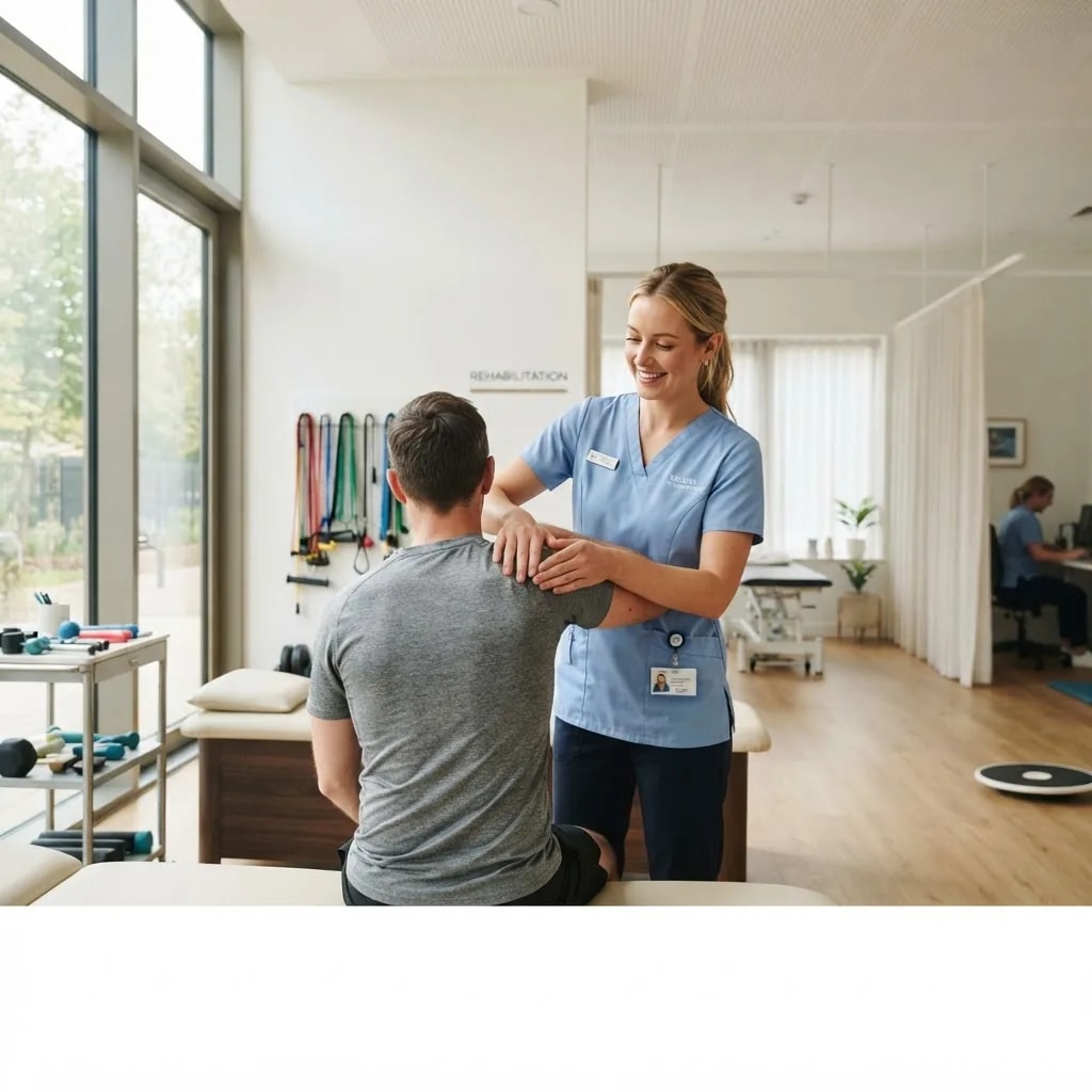 Një fizioterapist që trajton një pacient në një klinikë moderne